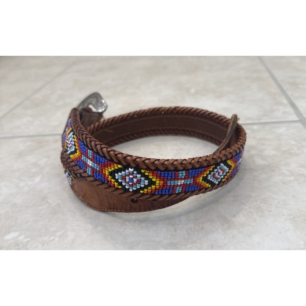 Vtg Southwestern Western Brown Leather Beaded Belt Sz 28 Native American Folk - Picture 2 of 11